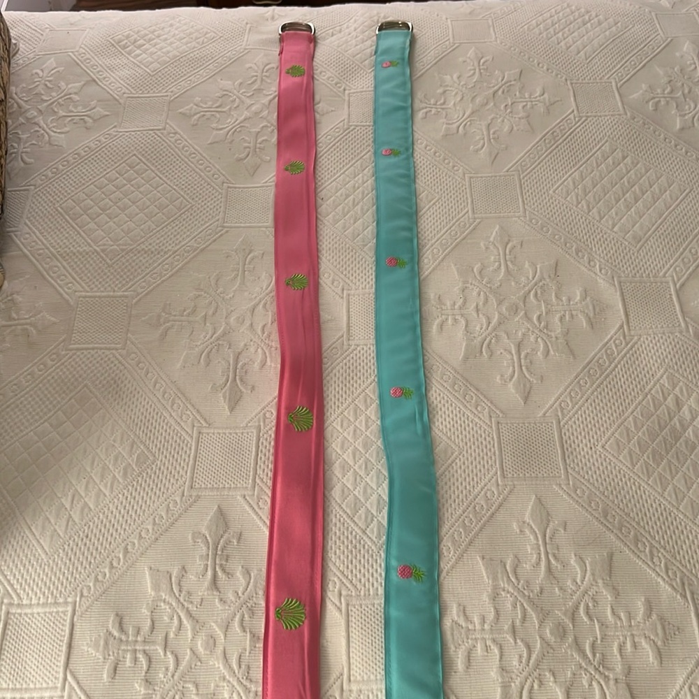 PR. OF EMBROIDERED GROSGRAIN RIBBON BELTS-PINK W/GREEN & SOFT AQUA W/PINK, GREEN